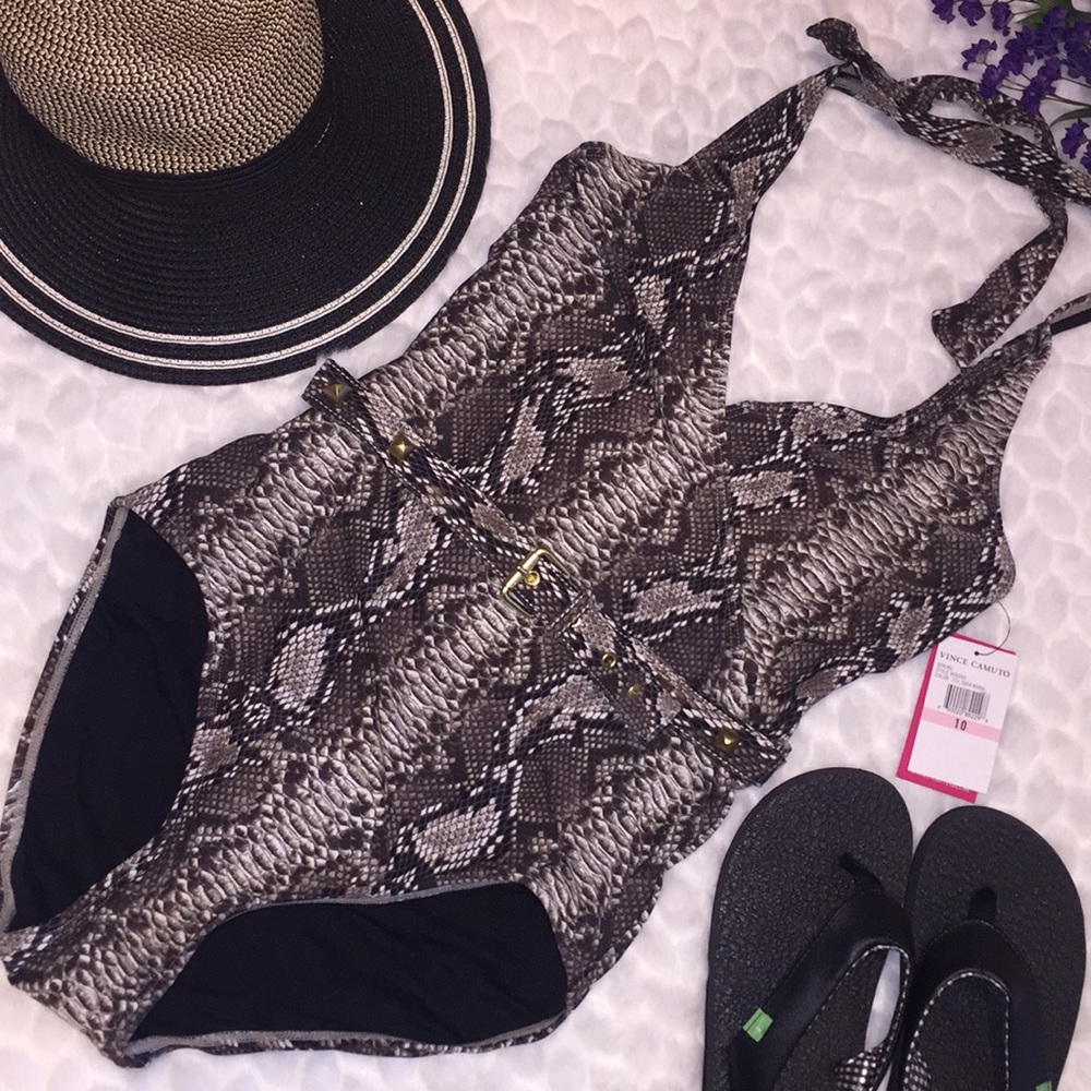 Vince Camuto Sexy Wrap Python Belted Swimsuit 10